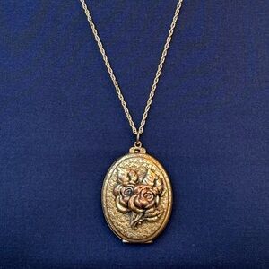 Antique Gold Filled Floral Locket Necklace w/ Raised Rose